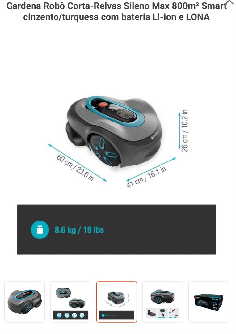 Gardena Robô Corta-Relvas Sileno Max 800m² Smart cinzento/turquesa com bateria Li-ion e LONA TIRESPARK